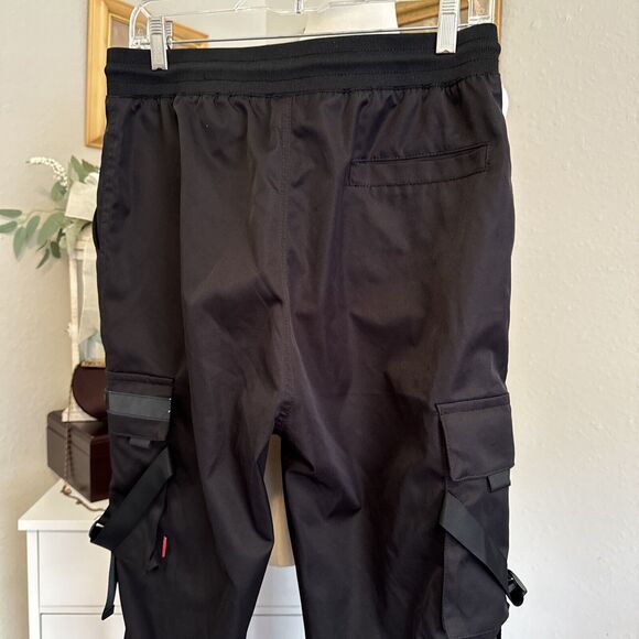 Black Jogger Pants Size M Flight Woven Elastic And Tie Waist Pockets Oversized - Picture 15 of 15